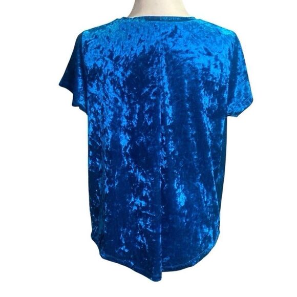 Skies Are Blue Velvet Teal Blue Blouse Knot Detail Short Sleeve Stretchy Size 8 - Picture 2 of 5